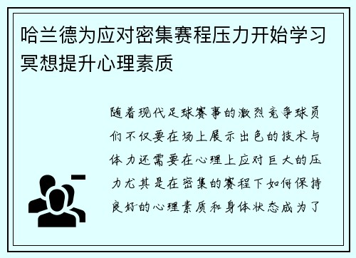 哈兰德为应对密集赛程压力开始学习冥想提升心理素质
