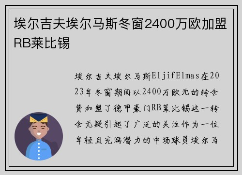 埃尔吉夫埃尔马斯冬窗2400万欧加盟RB莱比锡